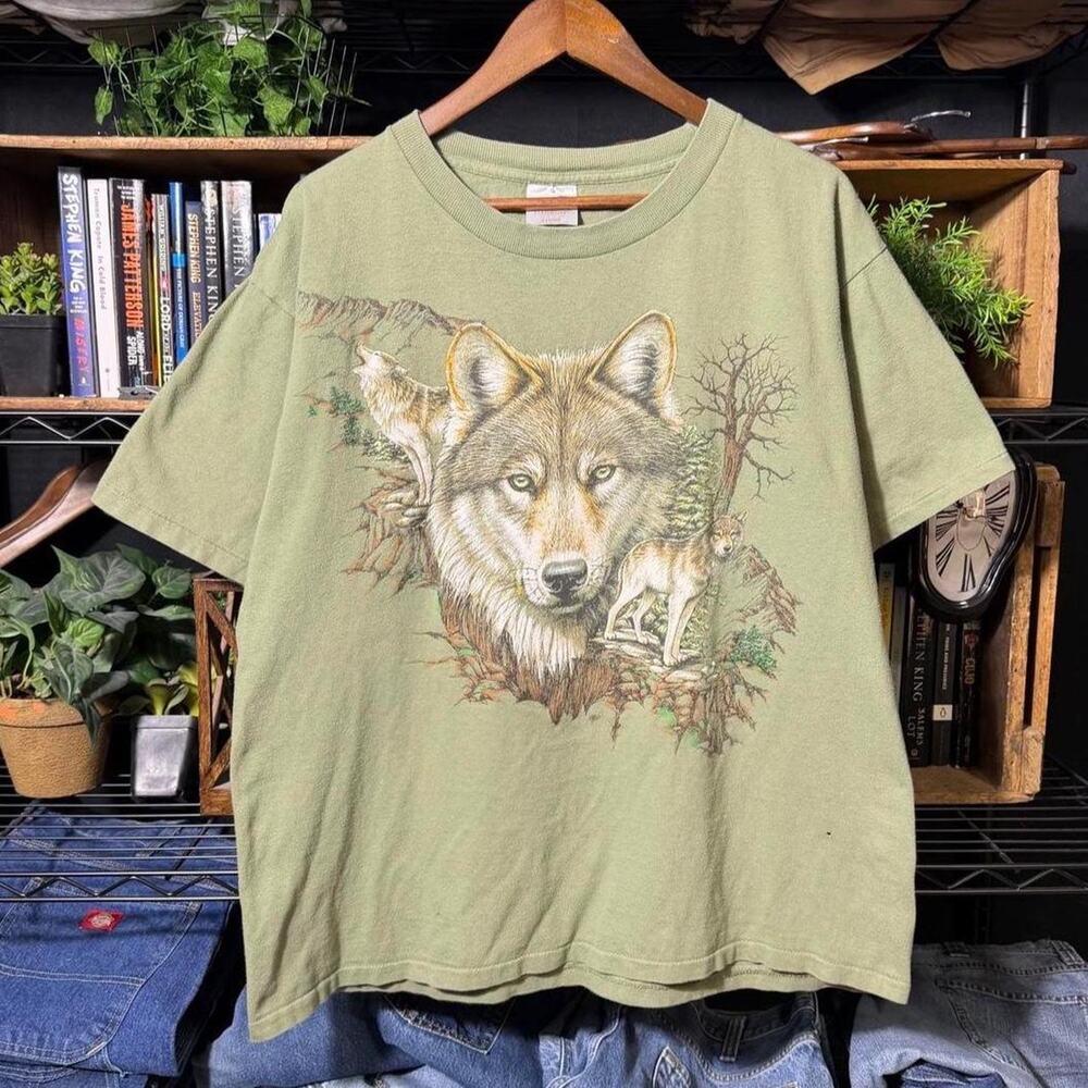 Vintage 90s Single Stitch Wolf Nature Print Biker Tee Green Sturgis 1998 Shirt